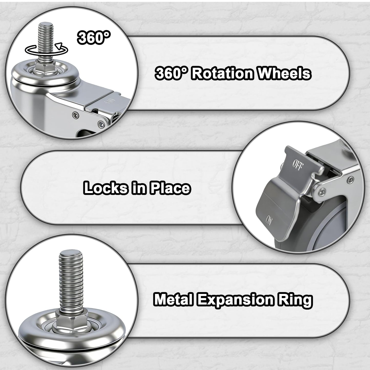 AAGUT 5 Inch Locking Swivel Casters 1/2"-13 x 1.5 Threaded Stem Wheels with Brake Grey TPR Rubber Wheel Set of 4