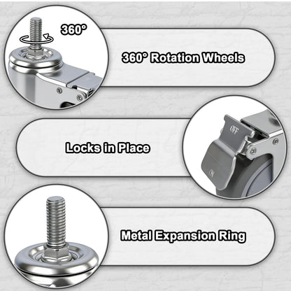 AAGUT 5 Inch Locking Swivel Casters 1/2"-13 x 1.5 Threaded Stem Wheels with Brake Grey TPR Rubber Wheel Set of 4
