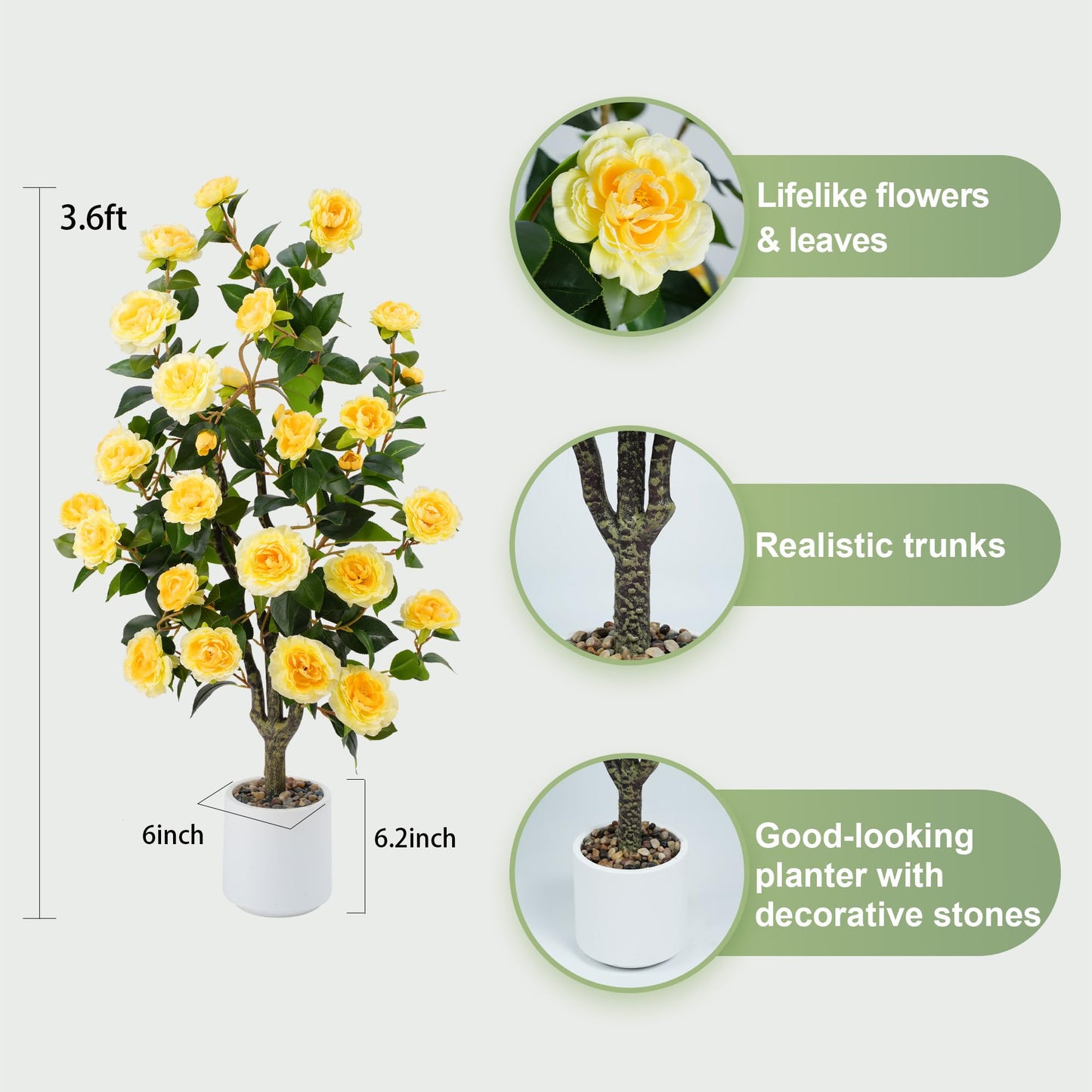 3.6FT Artificial Camellia Fake Tree Faux Plants for Home Office Living Room Porch Patio Decor Indoor Outdoor (2, Yellow-3.6Ft)