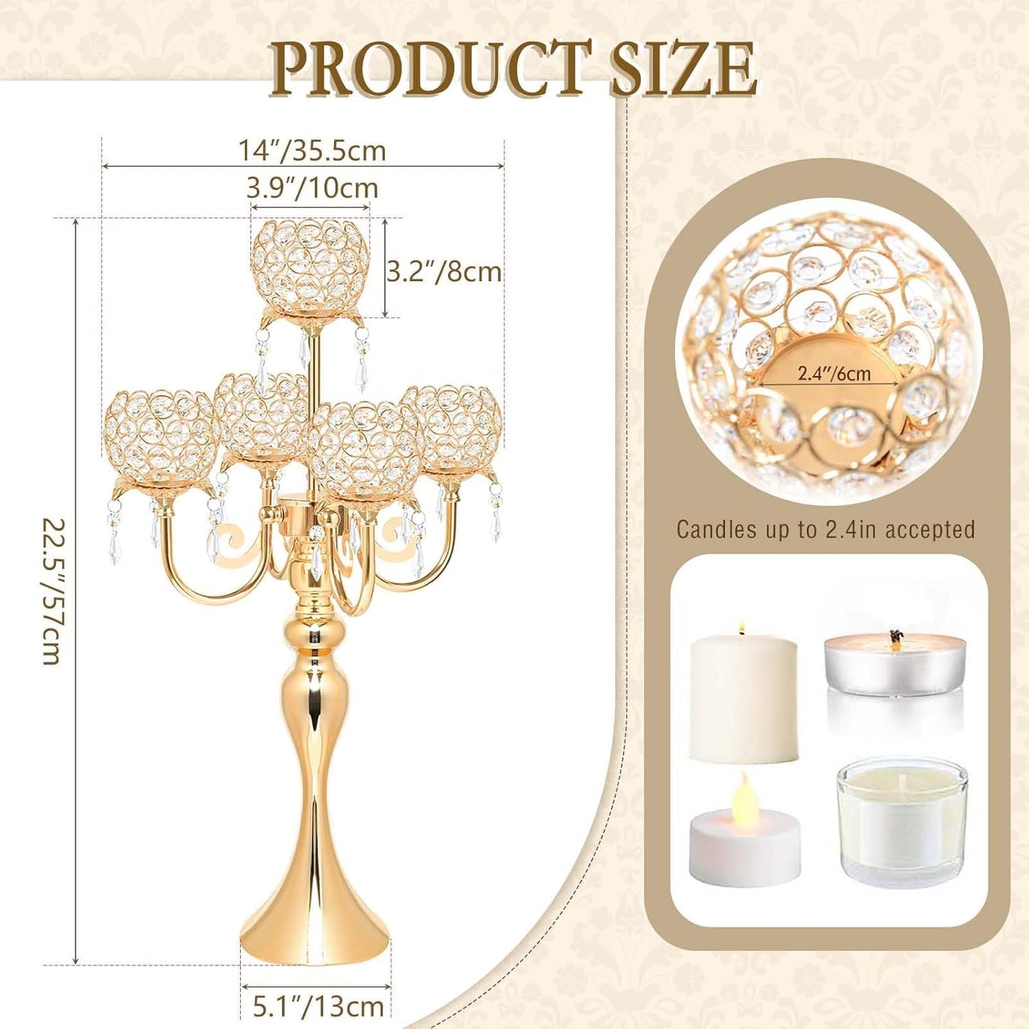 kolnlala 4Pcs 22 Inch Tall 5-Arm Gold Elegant Crystal Candelabra – Fancy Looking Candle Holder, Perfect for Your Table Centerpiece, Wedding & Christmas Dinner Party Events, Home Decor