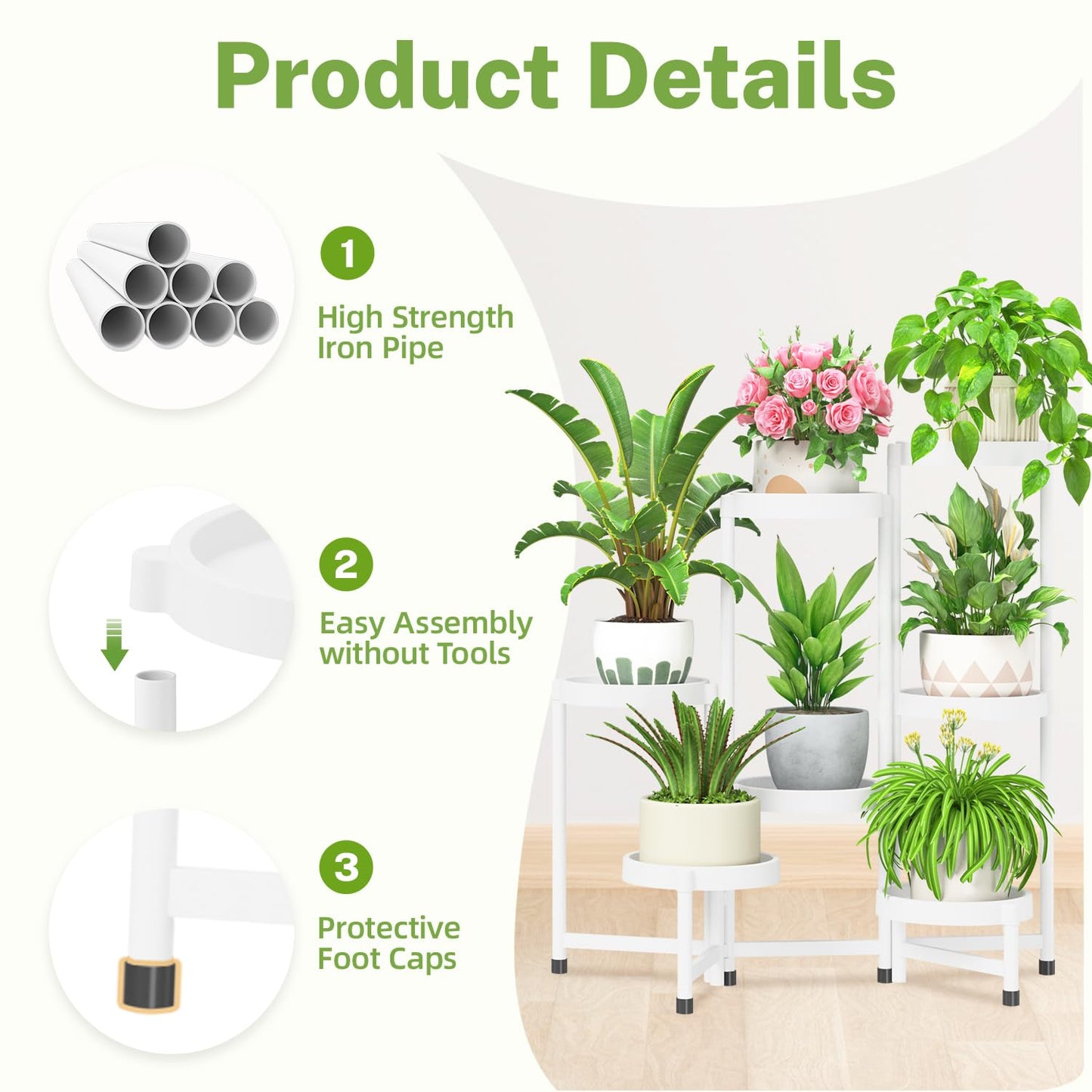 iDavosic.ly 7 Tier Folding Plant Stand Indoor Outdoor with Plastic Tray, Tiered Corner Flower Holder Shelf, Metal Orchid Display Rack for Patio Porch Living Room Garden Balcony, White