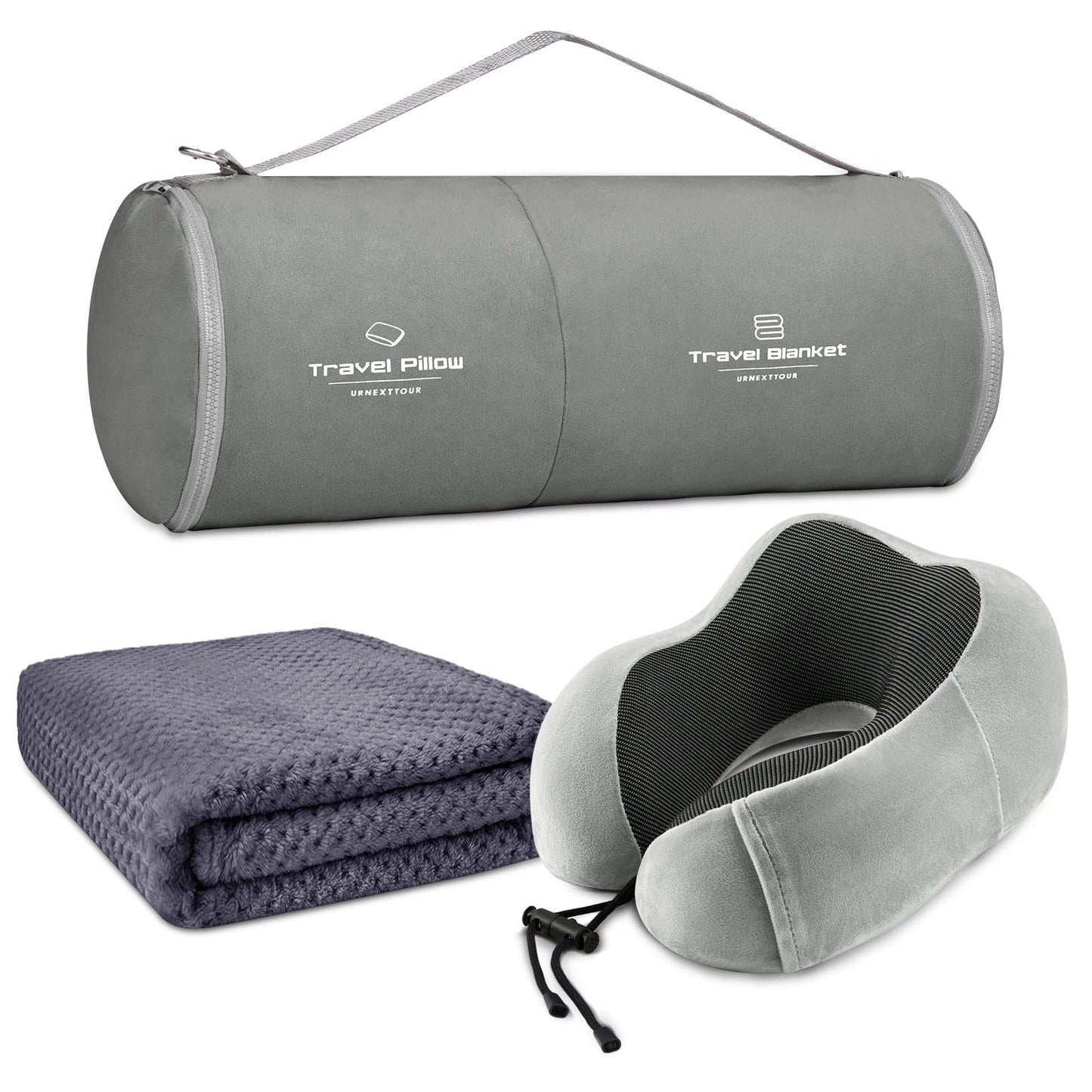 urnexttour Travel Pillow and Blanket Set Neck Pillow Airplane Memory Foam for Traveling Compact with Bag Grey