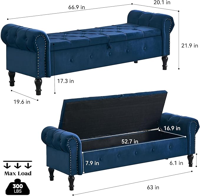 Storage Bench for Bedroom, Velvet 67" End of Bed Bench, King Size Bench