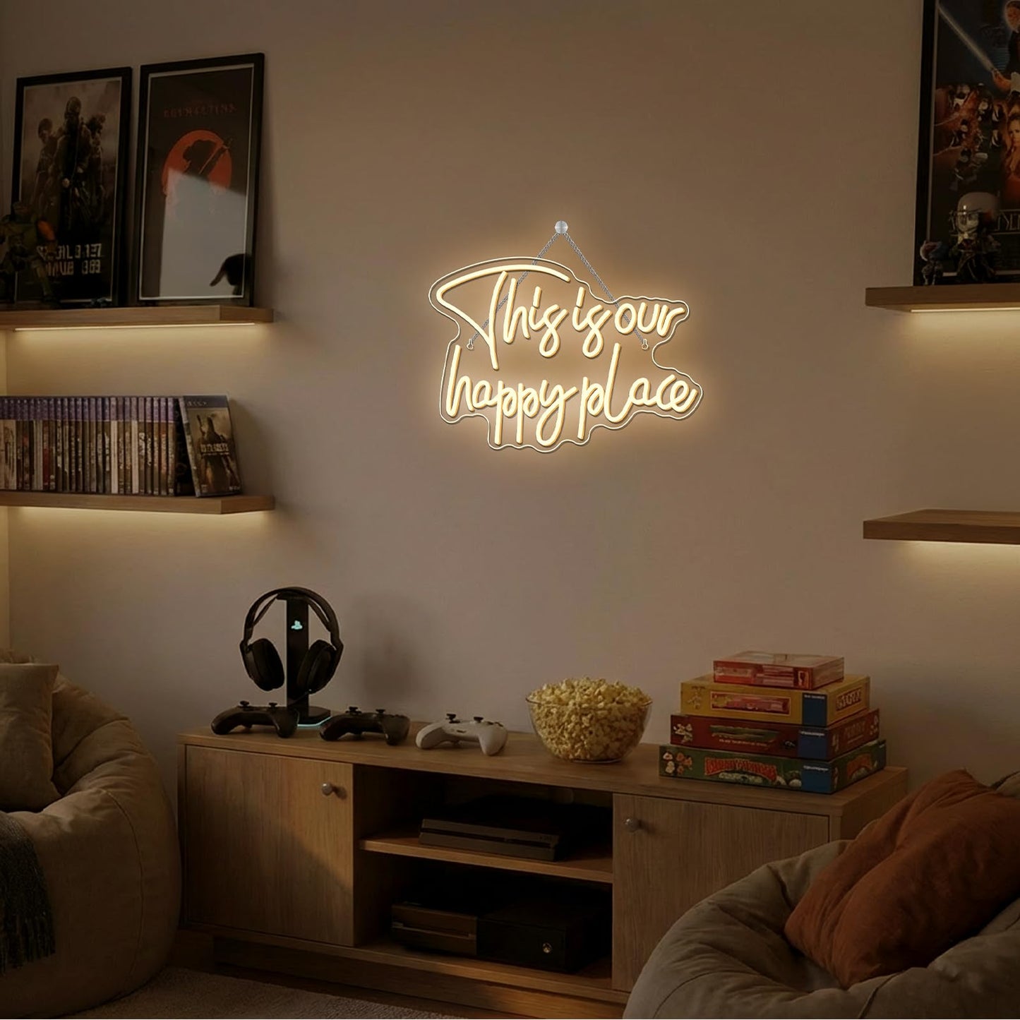NOSUN This is Our Happy Place Neon Sign,Neon Signs for Wall Decor Happy Place Warm White LED Light Room Decor for Bedroom Classroom Man Cave Home Bar Birthday Party Decor Neon Classroom Sign Dimmable USB Power