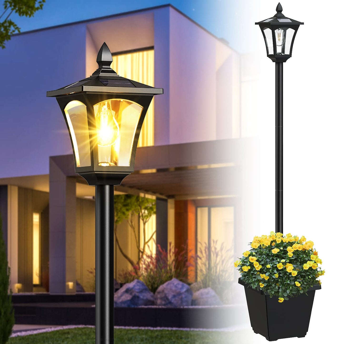 ILANCK 64 Inch Solar Lamp Post Light with Planter, 60 High Lumens Street Light, Solar Post Lights Waterproof for Garden, Pathway, Lawn, Driveway, Front Back Door Outdoor Pole Lamp（Warm）