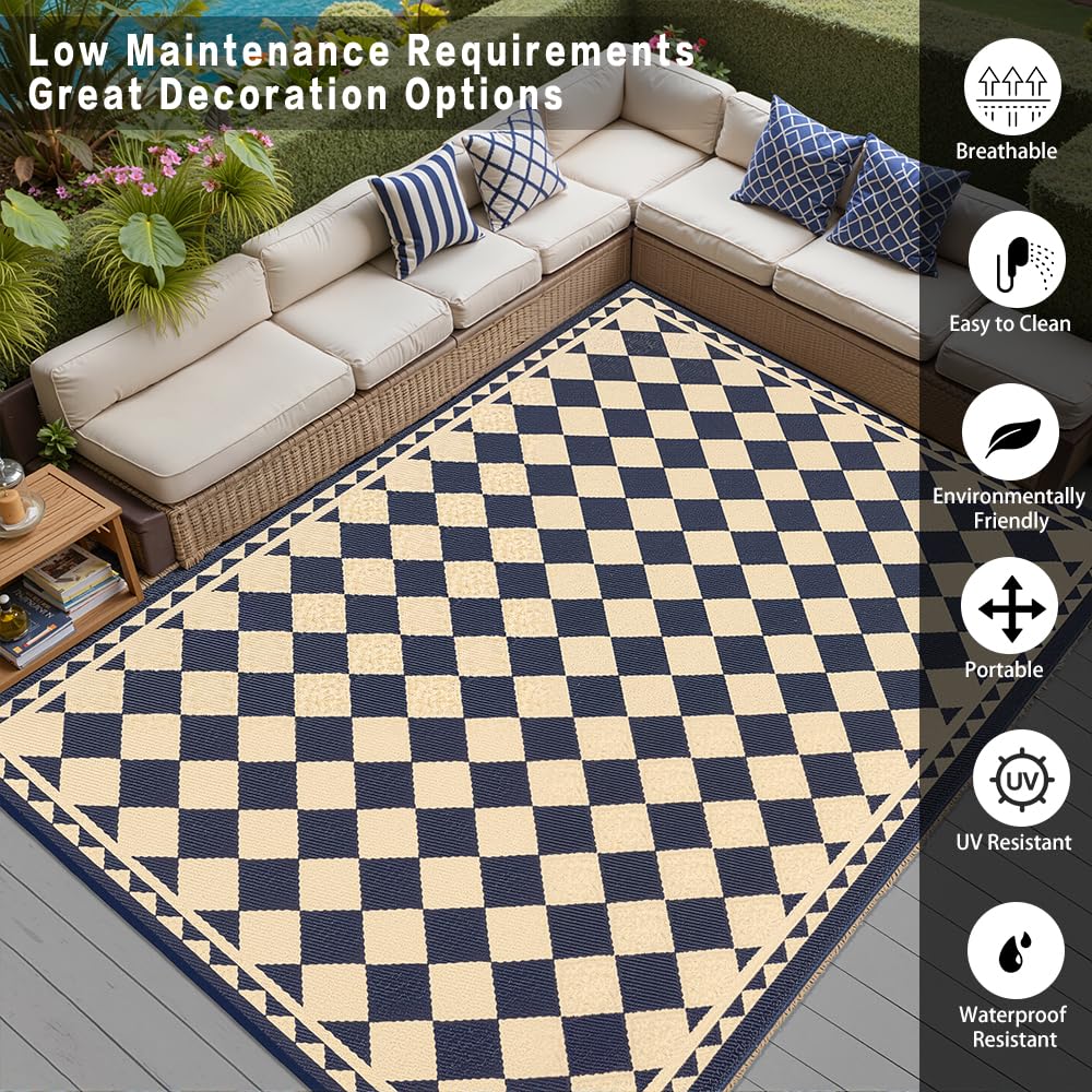 HUGEAR Outdoor Waterproof Rug 10'x14' Plastic Straw Rugs Washable Reversible Floor Mat Beige Plaid Carpet for Camping RV Deck Entryance Porch Picnic Balcony Beach Backyard