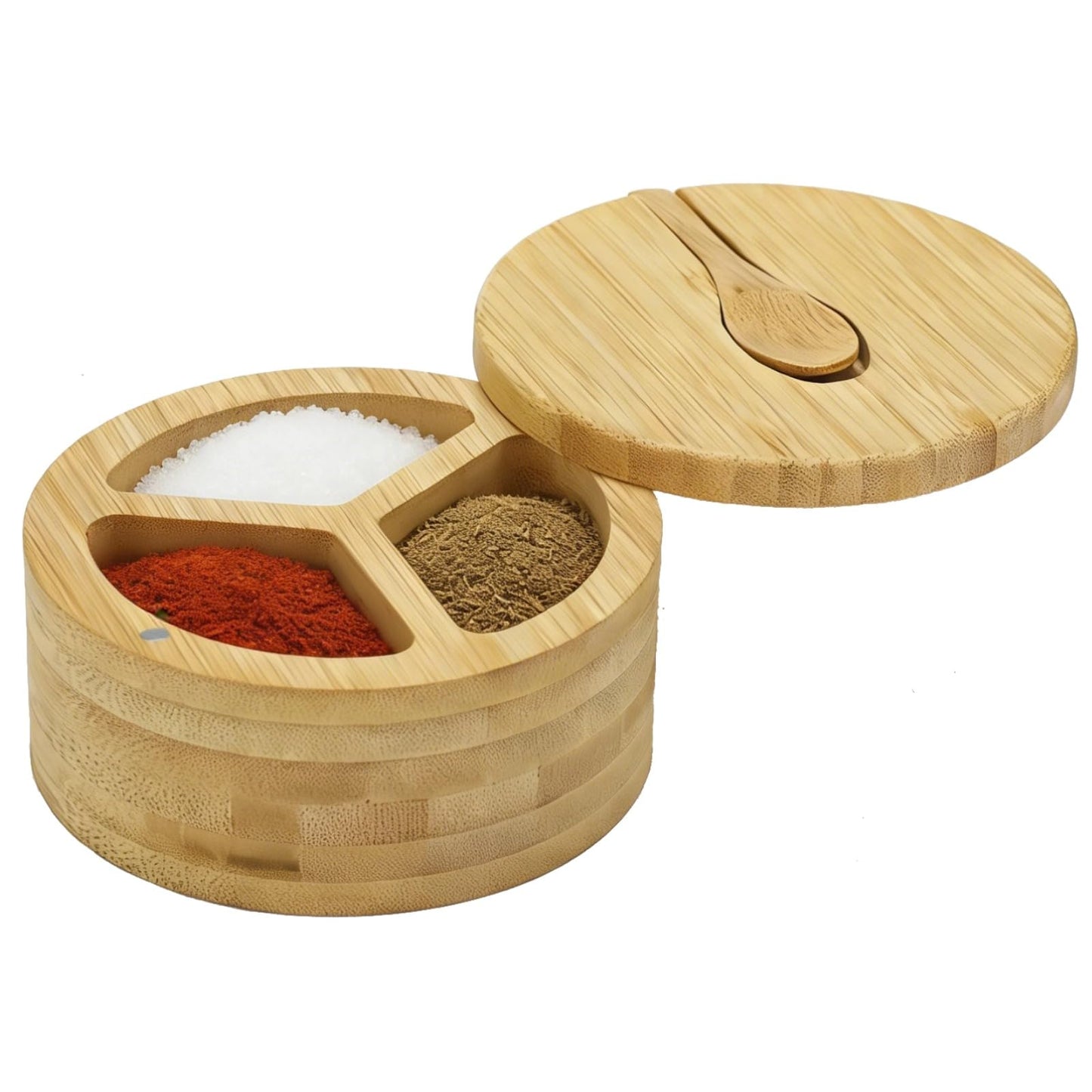 3 Compartment Wood Spice Jar, Salt and Pepper Holder with Rotating Lid & Spoon, Dustproof Condiment Container for Kitchen Countertop, Versatile Spice Cellar for Home Cooking, Picnic, BBQ, Restaurant