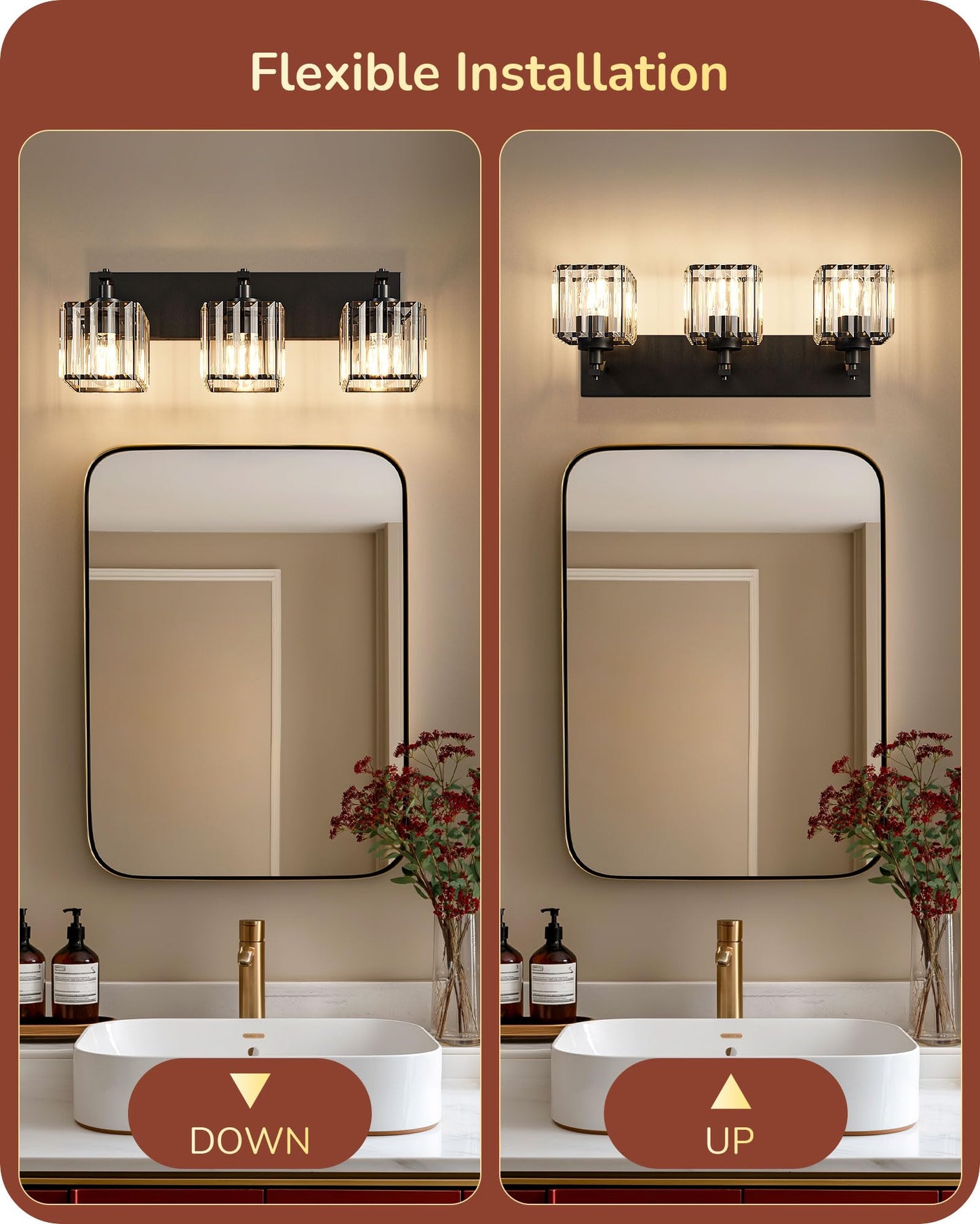 EDISHINE Bathroom Vanity Light Fixtures, 3-Light 20.47'' Crystal Bathroom Lighting Fixtures Over Mirror, Modern Wall Sconce for Powder Room, Bedroom, E26 Base, Black