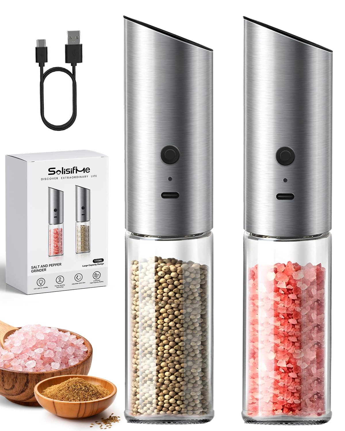 Solisifime Gravity Electric Salt and Pepper Grinder Set, USB Rechargeable Stainless Steel Mills with Large Capacity Tall Glass, LED Light, Adjustable Coarseness, Ideal for Kitchen and Dining(2PCS)