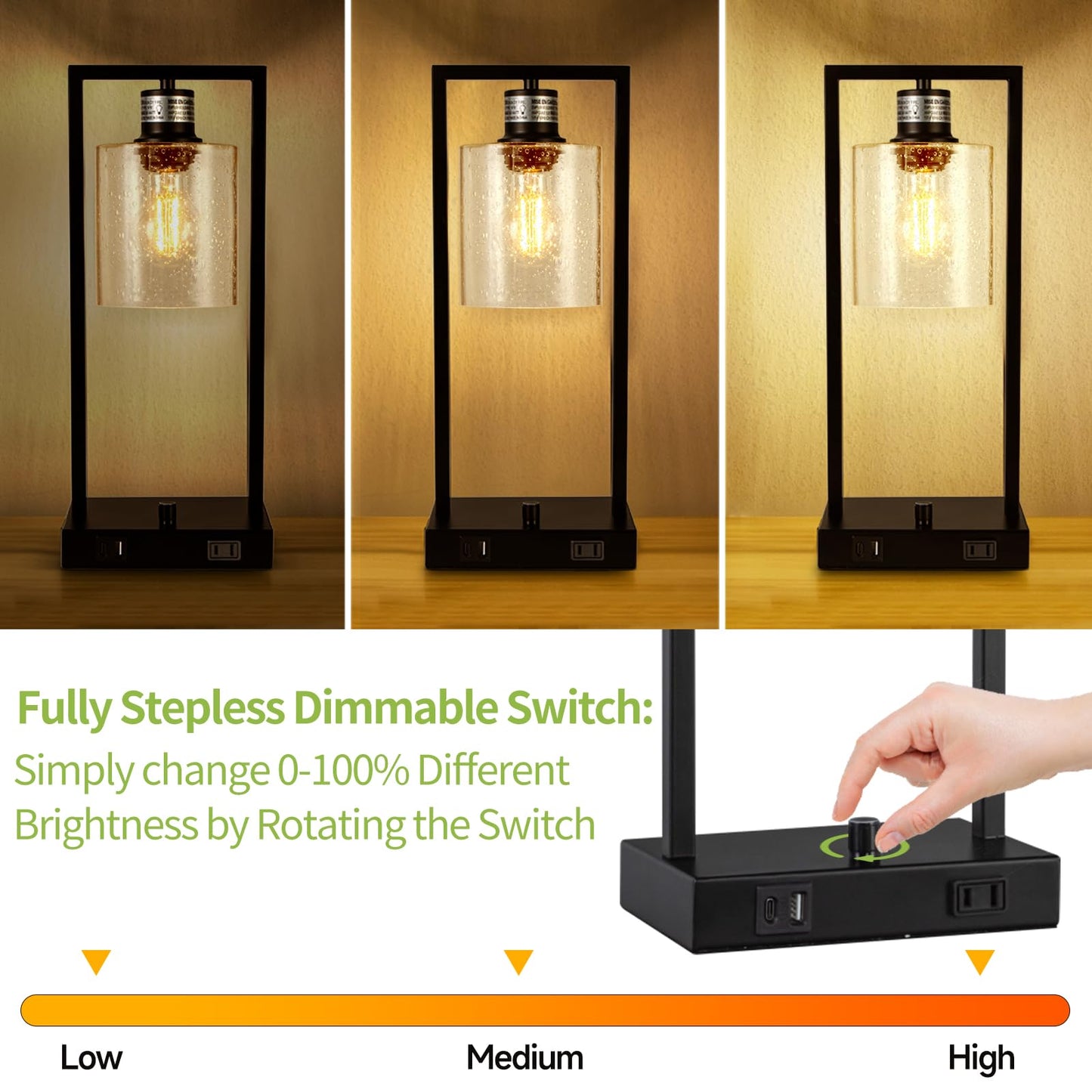 16" Desk Lamps for Home Office, Bedside Lamps with USB C+A Ports and Outlet, Black Fully Stepless Dimmable Industrial Table Lamps with Seeded Glass Shade for Reading Living Room, LED Bulbs Included