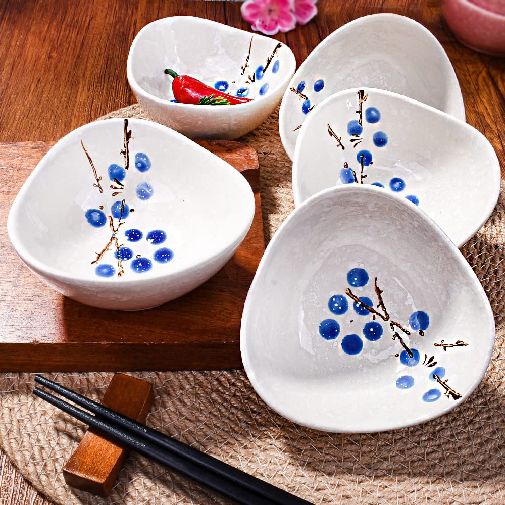 Whitenesser Ceramic Dipping Bowls Set of 5, 3.7 oz Japanese Style Mini Sauce Dishes, Hand-Painted Floral Patterned Prep Bowls for Soy Sauce, Sushi, Condiments, and Spices, Stackable Round Ramekins