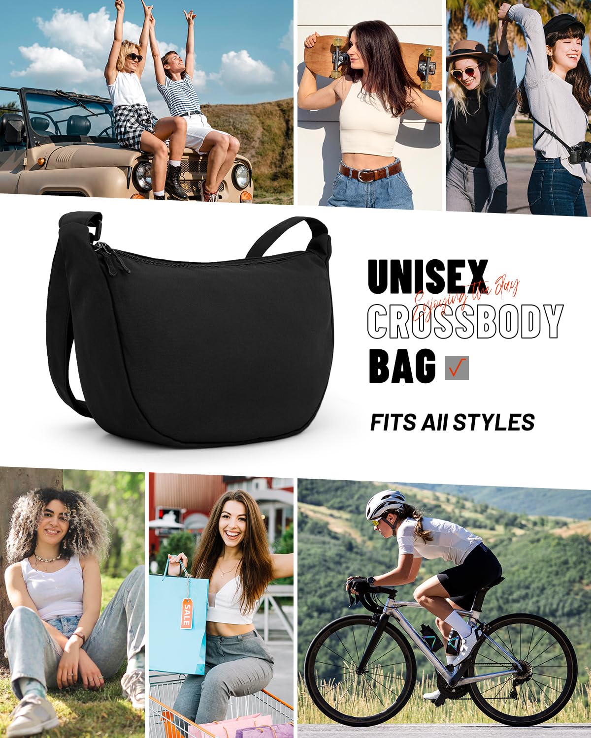 Small Sling Crossbody Bag for Women Men, Mini Crescent Bag with Adjustable Strap, 2 Zippers Lightweight Nylon Shoulder Waist Fanny Pack Belt Bag for School Sport Casual Travel Hiking Work, Black, Small, Causal