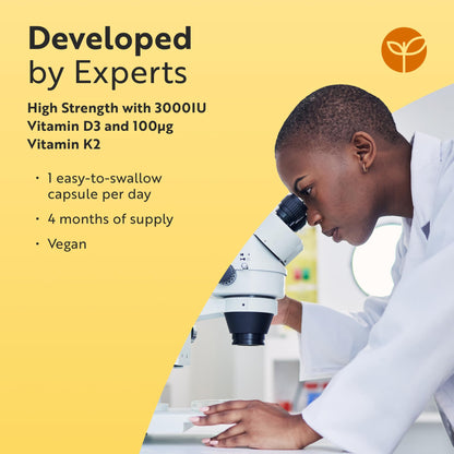 Vitamin D3 3000iu & K2 100ug (MK7) – 120 Vitamin D3 K2 Vegetarian Capsules – Supports Normal Bones, Muscles, Teeth and Immune System – Cholecalciferol & Menaquinone-7 – Made by Nutravita
