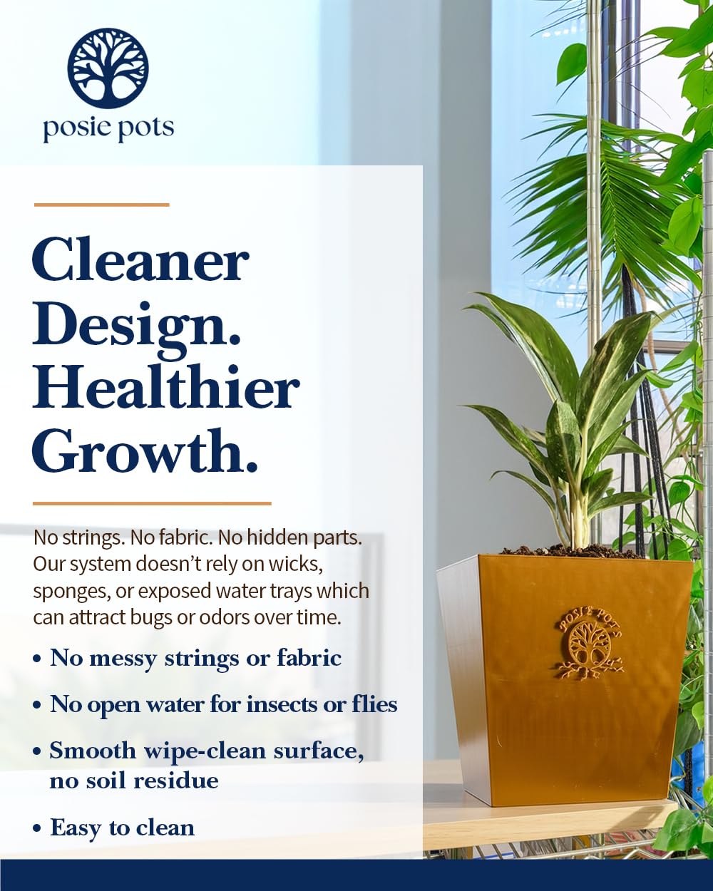 POSIE3DPRINTS Posie Pot Medium Twisted Square - Self Watering Planter 5x5 Inch - Indoor Plant Pot with 30 Day Reservoir - 3D Printed Bioplastic - No Guilt Plant Care - Made in USA, Gold