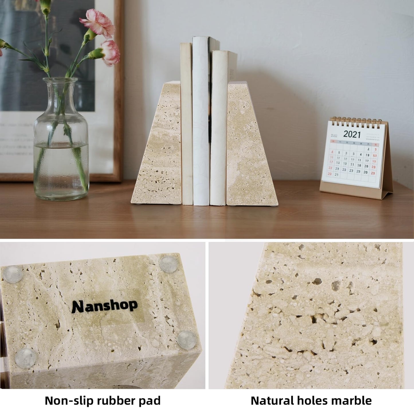 Marble Bookends Handcrafted Natural Marble Decorative Bookends for Heavy Duty Bookends Book Holder,Non-Skid Bottom,5.5x3.9x2.3 inches,3.5 lbs,Office, Study, Bookshelf Decoration