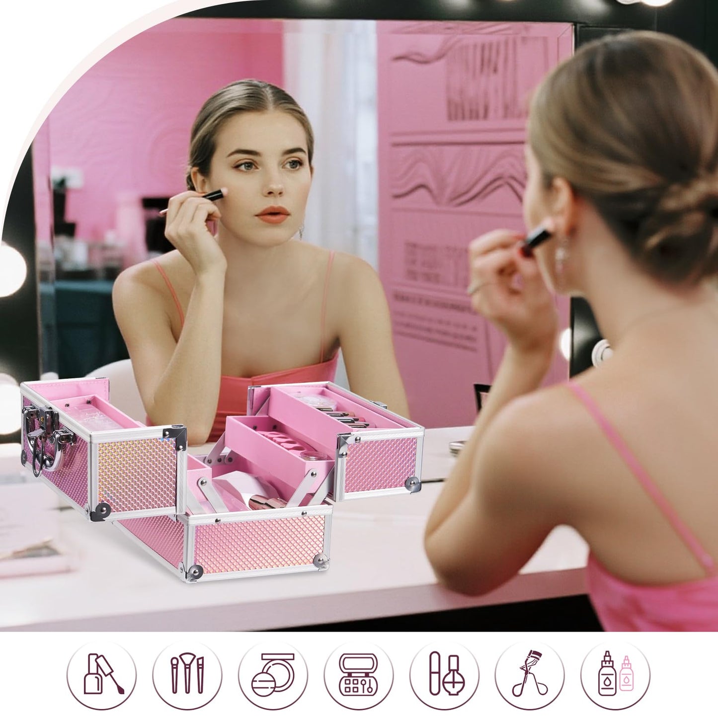 Frenessa Vanity Case Makeup Case Makeup Box Organiser 4 Trays Lockable Beauty Box Make up Organiser Storage, Pink
