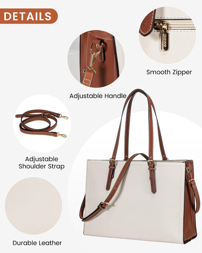 LOVEVOOK 15.6 Inch Laptop Bag for women, Large Waterproof PU Leather Work Briefcase with USB Charging Port Casual Computer Bag Messenger, Fashion Business Office Tote Handbag Purse, White-Brown