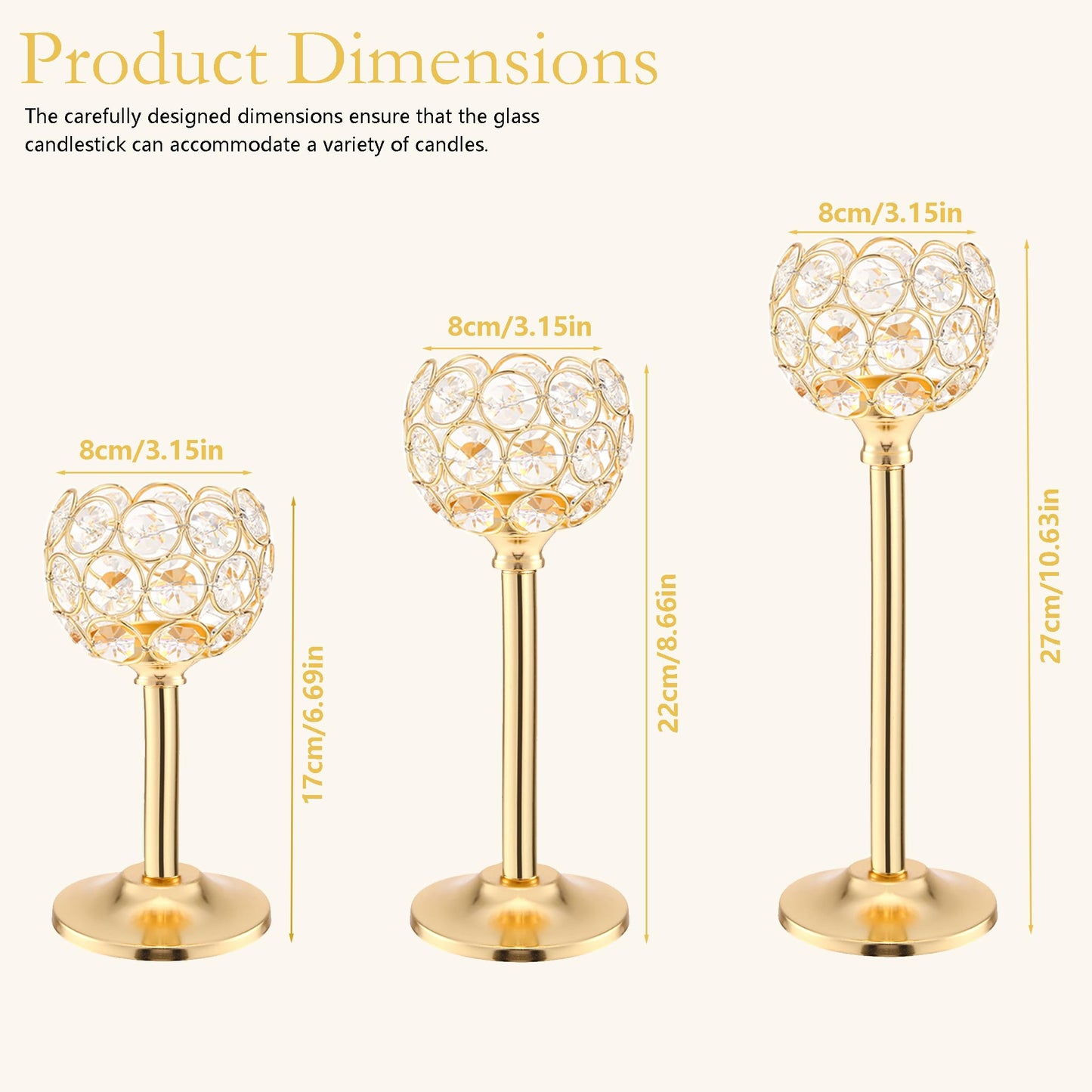 Gold Crystal Tealight Candle Holder Set of 9, Elegant Gold Candles Table Centerpieces, Tall Bling Bowl Candelabra Decor for Wedding, Dining Table, Fireplace Mantel & Party Decoration