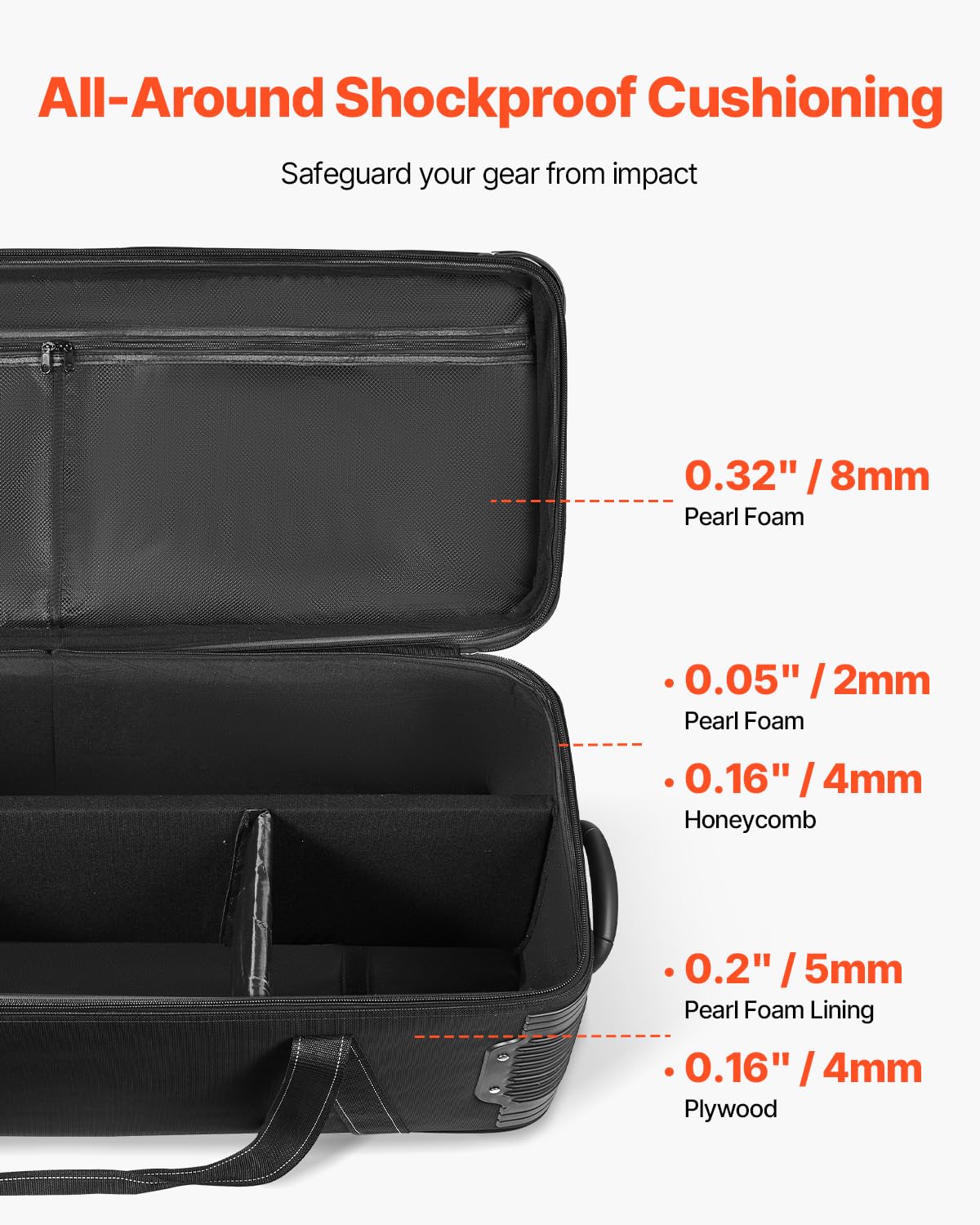 VEVOR Studio Equipment Trolley Case, 46.46 x 14.57 x 11.81 in / 118 x 37 x 30 cm, Rolling Camera Bag, Carrying Bag with Wheels Straps Padded Compartment Handle, for Light Stands, Tripods, Telescopes
