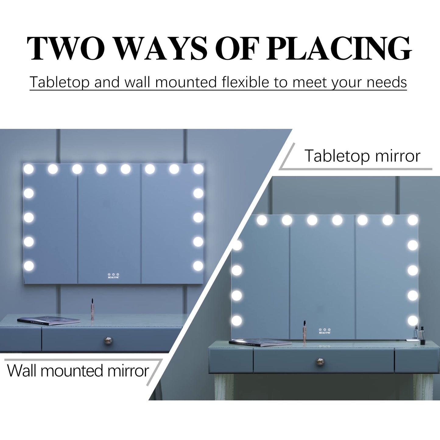 BEAUTME Large Vanity Mirror with Lights, 35.9''×24.3'' Makeup Mirror, Light up Mirror with 16 Dimmable LED Lights and 10X Magnification, 3 Colors Lights Modes, Touch Control, White
