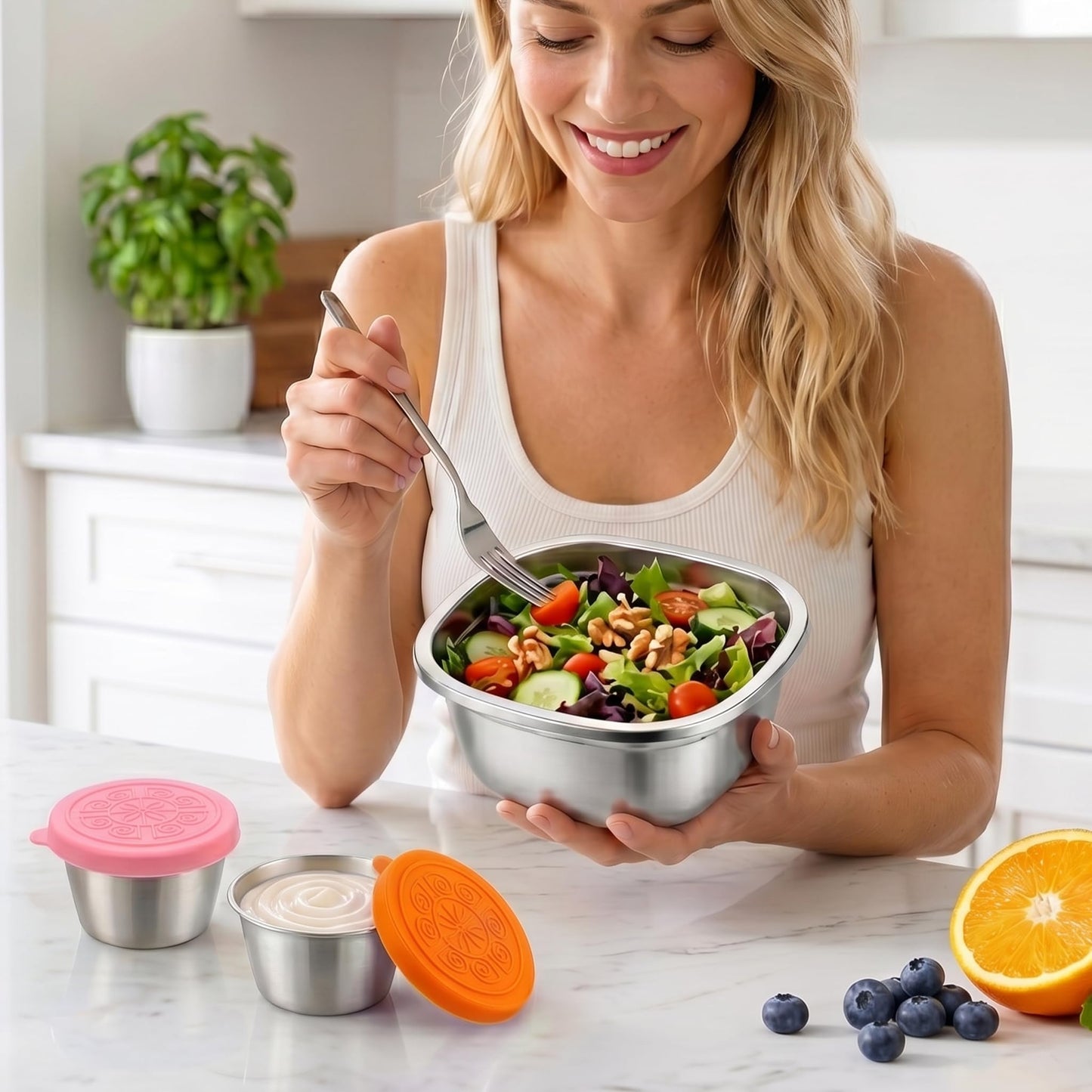 Sxueg Stainless Steel Salad Bowls to go for Lunch Container Kit, 50oz 1 Set