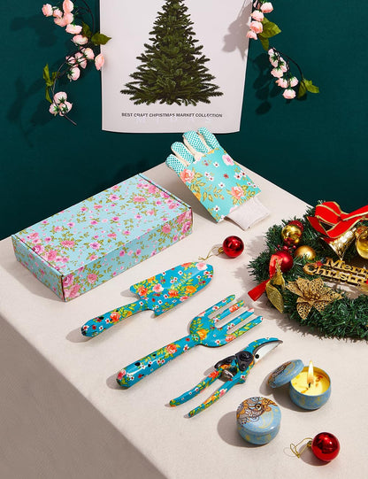 Gardening Gifts For Women, TOYPOPOR 6Pcs Garden Tools Set with Floral Print, included Trowel Fork Scissors 2 Candles and Gloves, Mother's day Birthday Gifts for Mum for Ladies Gardener