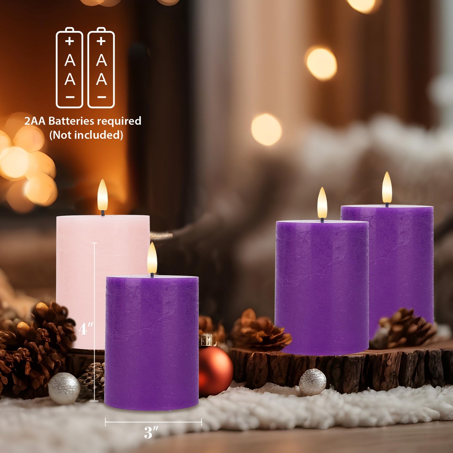 AFINETH Flamelss Advent Candles, Battery Operated Wax Pillar Candles with Remote, Flat Top Flickering Flameless Candles, LED Candles for for Christmas, Catholic, Advent, Wreath, Purple and Pink