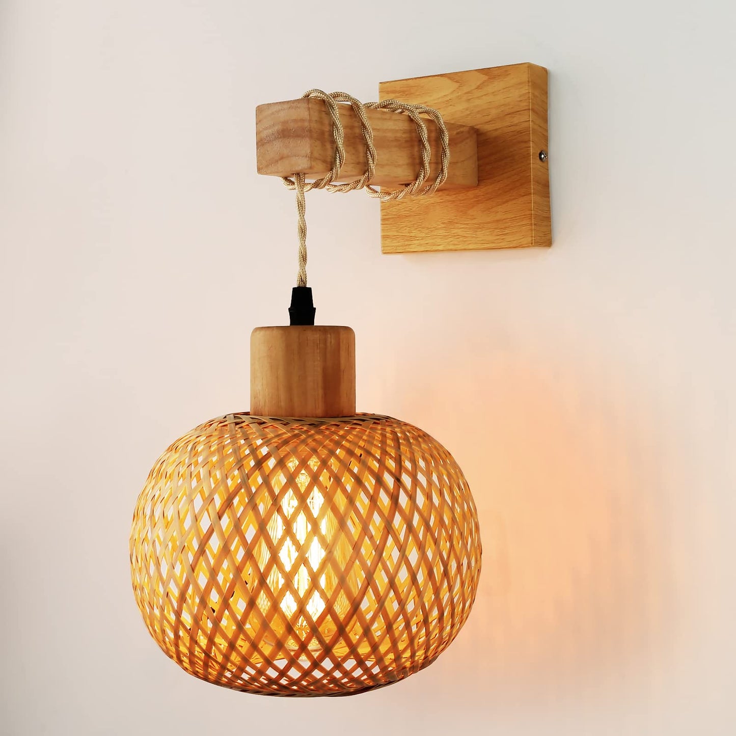Frideko Bamboo Wall Sconce Lighting - Rattan Wall Lamps for Bedroom, Farmhouse Wall Light with Bamboo Lampshade, Rustic Boho Sconces Light Fixture for Living Room, 1 Pack