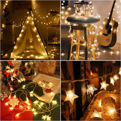 Christmas Decor Star String Lights, 20 FT 40 LED Battery Operated Twinkle Lights Warm White Cute Hanging Star Fairy Light for Bedroom Room Office Home Camper Indoor Outdoor Xmas Tree Decorations