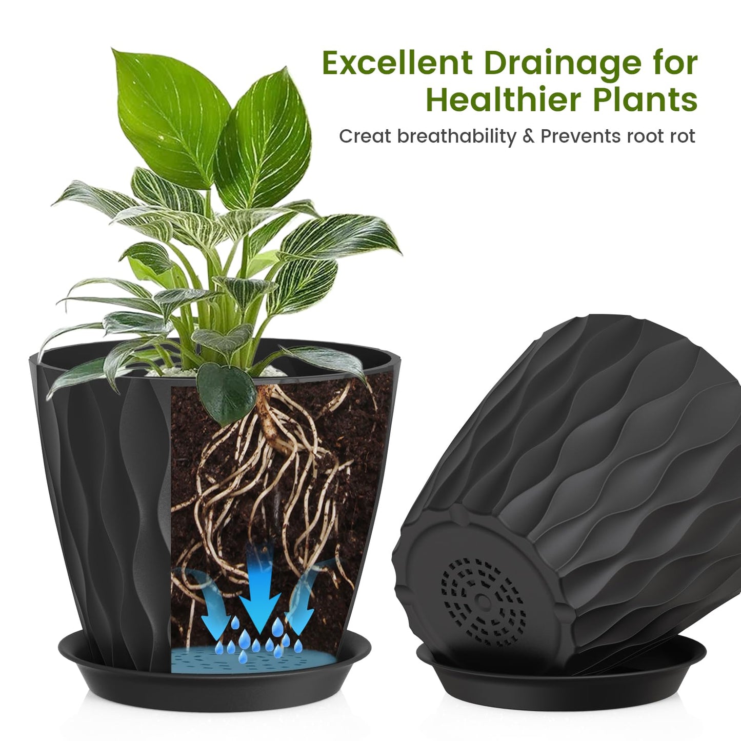 UOUZ 8 Inch Plant Pots, 4 Pack Plastic Planters for Indoor Outdoor with Drainage Holes & Saucers, Waffle Texture Flower Pots for Indoor Plants, Indoor Plant Pots for Monstera, Fiddle Leaf Fig, Black