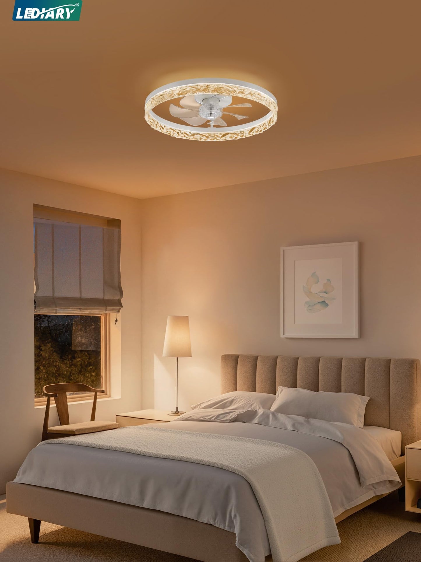 LEDIARY 20" Modern Ceiling Fans with Lights and Remote, Dimmable Low Profile Ceiling Fan, Flush Mount Ceiling Fan, Stepless Color Temperature Change and 6 Speeds - White