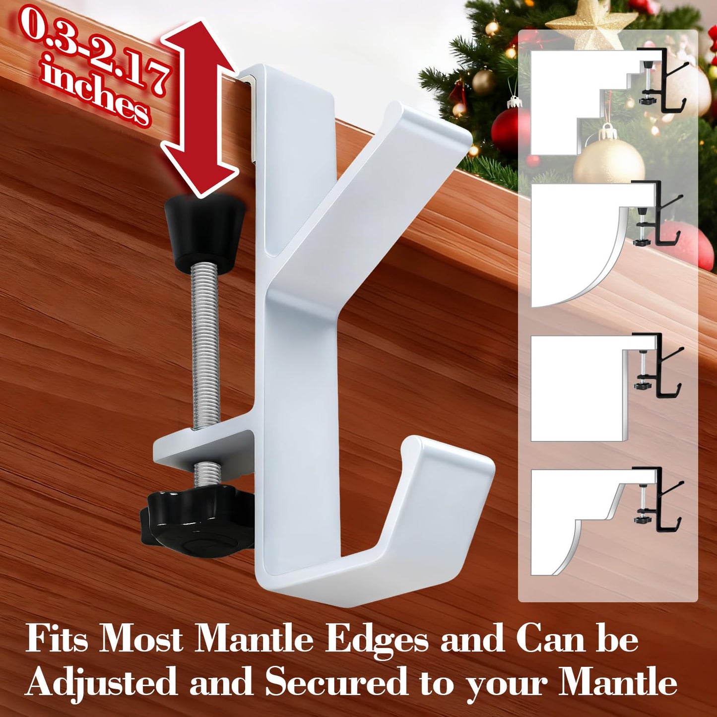 ANOEPUY 4 Pack Stocking Holders for Mantle for Christmas Decorations,2 in 1 Mantle Garland Holder for Hanging Christmas Stockings,No Drilling Required & Adjustable Garland Hanger, Metal(White)