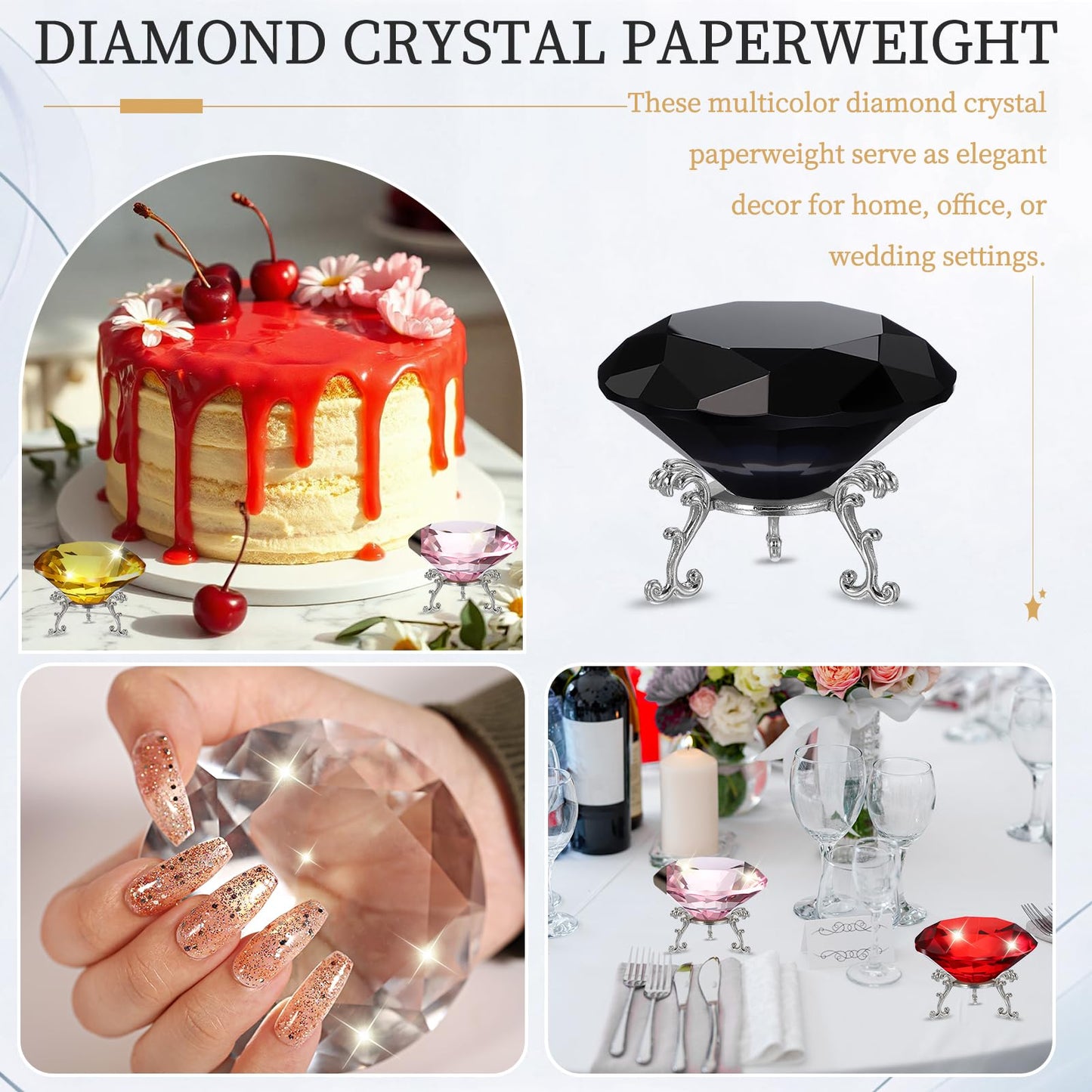 PATIKIL Diamond Crystal Paperweight, 80mm / 3.15" Crystal Paperweight Paper Weight with Silver 19 Metal Base for Home Office Desktop Table Decor Wedding Party Ornaments, Black