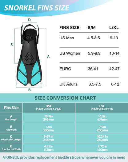 Viginsul Mask Fins Snorkeling Gear for Adults, Full Face Snorkel Mask & Adjustable Swim Fins Snorkel Set, Panoramic View Snorkel Mask Dry Top Anti-Fog Anti-Leak