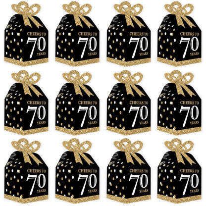 Big Dot of Happiness 70th Birthday Party Favor Gift Boxes - Elegant Gold Square Design with 3D Bow Top - Premium Cardstock Party Supplies for Milestone Celebration, Bow Boxes, Set of 12 Decorative Boxes - 70 Years
