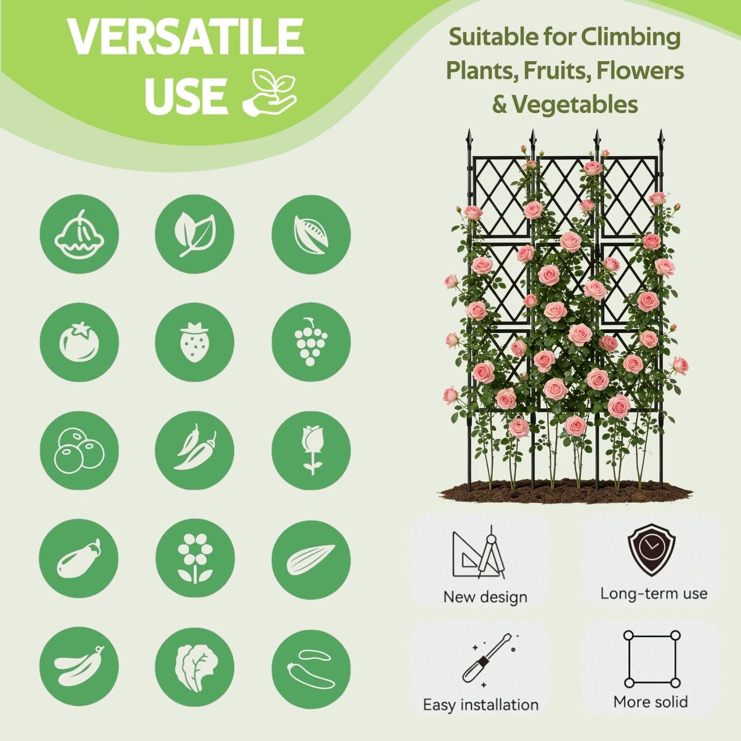 Jesosia Garden Trellis for Climbing Plants Outdoor - 65" PE-Coated Metal Pipes & Plastic Grids Rose Wall Trellis Frame - Sturdy Privacy Screen Plant Support Fence for Flowers Vines Vegetables
