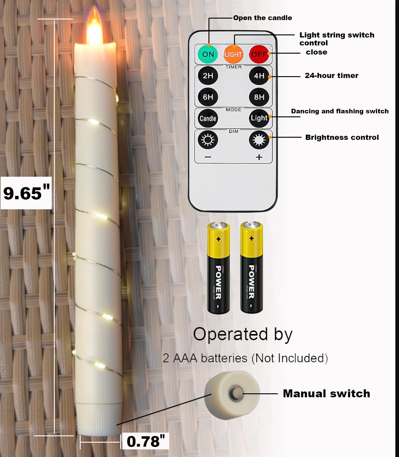 danip flameless Cone Candle, Patented Starlight String, with 11 Timing Key Remote Control, Battery Powered, Patented Simulated Flame, 6 Packs (Ivory Color)