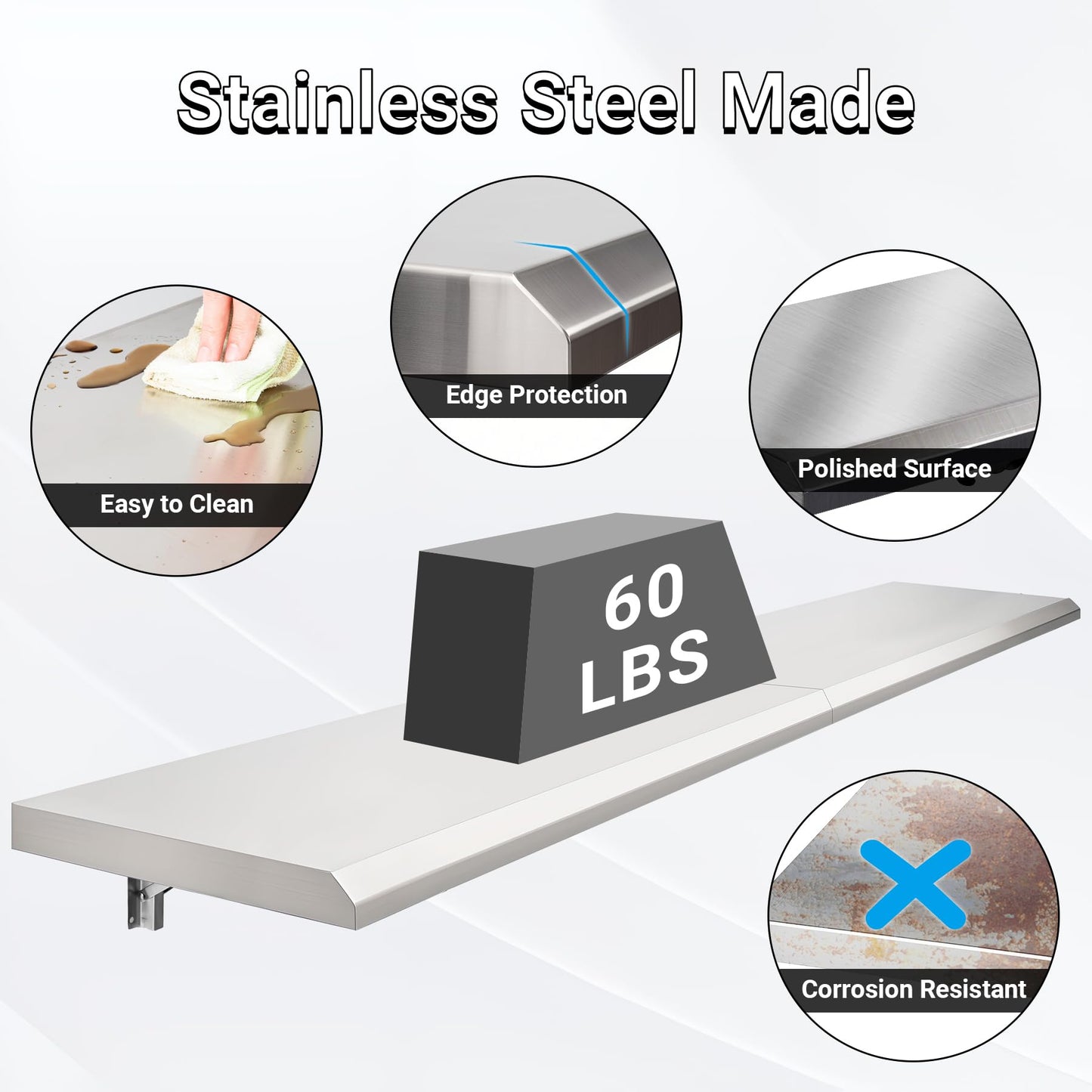 Toriexon Concession Shelf Drop Down 18" x 72", Spliced Style Folding Concession Stand Shelf Commercial Grade Stainless Steel, Foldable Concession Shelves for Snack Bar, Food Cart, Movie Theater