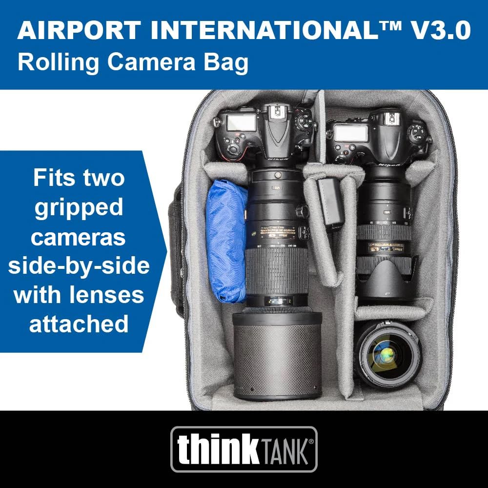 Think Tank Airport International V3.0 2 Wheel Rolling Carry-On Camera Bag, 80mm Quiet Wheels, Retractable Handle, Custom Design Interior Compartments - Black