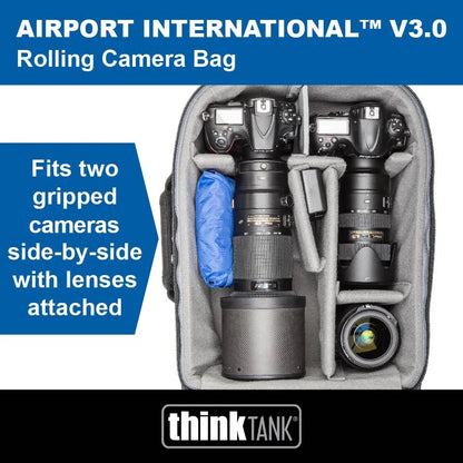 Think Tank Airport International V3.0 2 Wheel Rolling Carry-On Camera Bag, 80mm Quiet Wheels, Retractable Handle, Custom Design Interior Compartments - Black