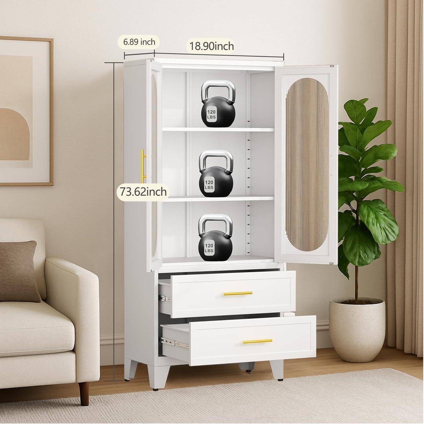 Takywep 73" Tall Pantry Cabinet, White Freestanding Storage Cabinet with Fluted Glass Door, 2 Spacious Drawers & Adjustable Shelves, Slim 14" Deep Organizer for Kitchen, Bathroom, Office, or Hallway
