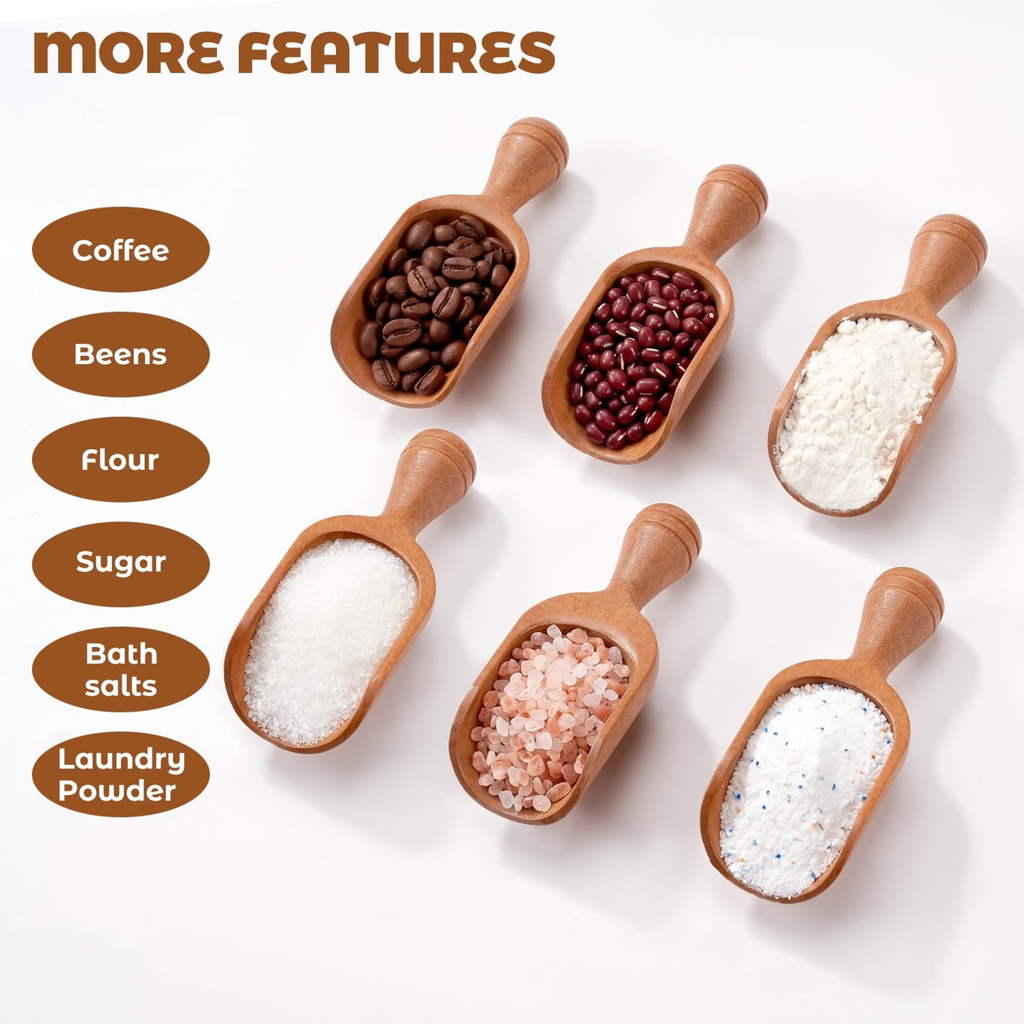 KVEKVE 6 PCS Wooden Coffee Scoops for Canisters, Small Wood Scoop Set with Long Handle, Deep Measuring Scoop for Ground Coffee, Beans, Tea, Sugar, Flour, Spices, Bath Salt & Laundry Powder
