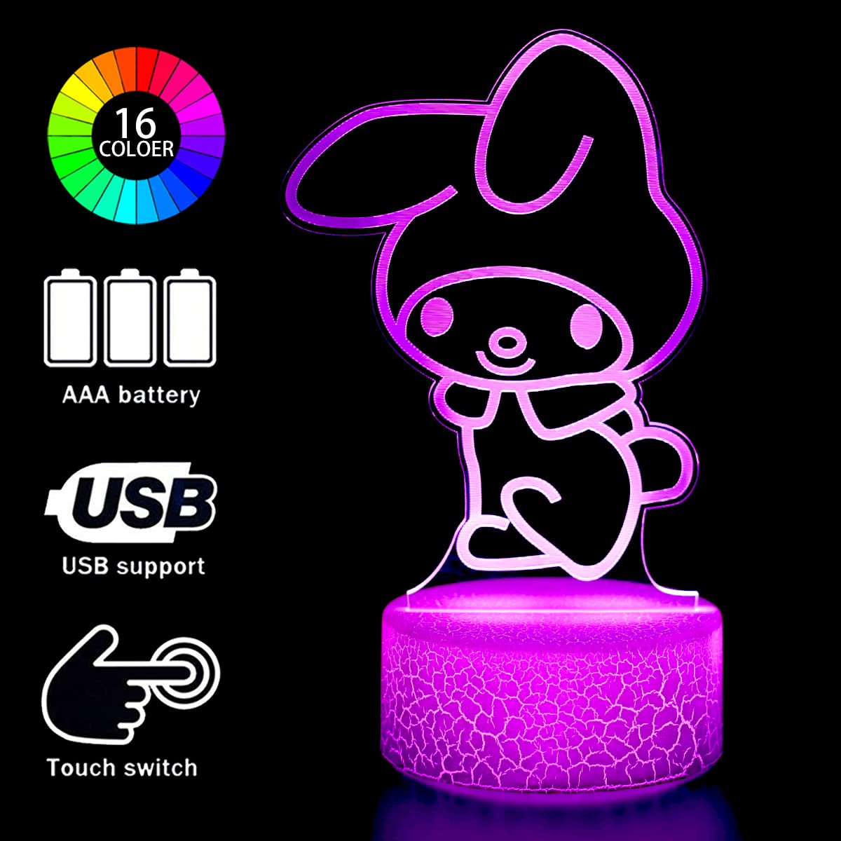 sunduck Pink Kitty Acrylic Night Light with Corded Control- Dreamy Girls Room Decor, Perfect Birthday/Christmas Gift for Kids, Unique Holiday Present (Kitty3PC)
