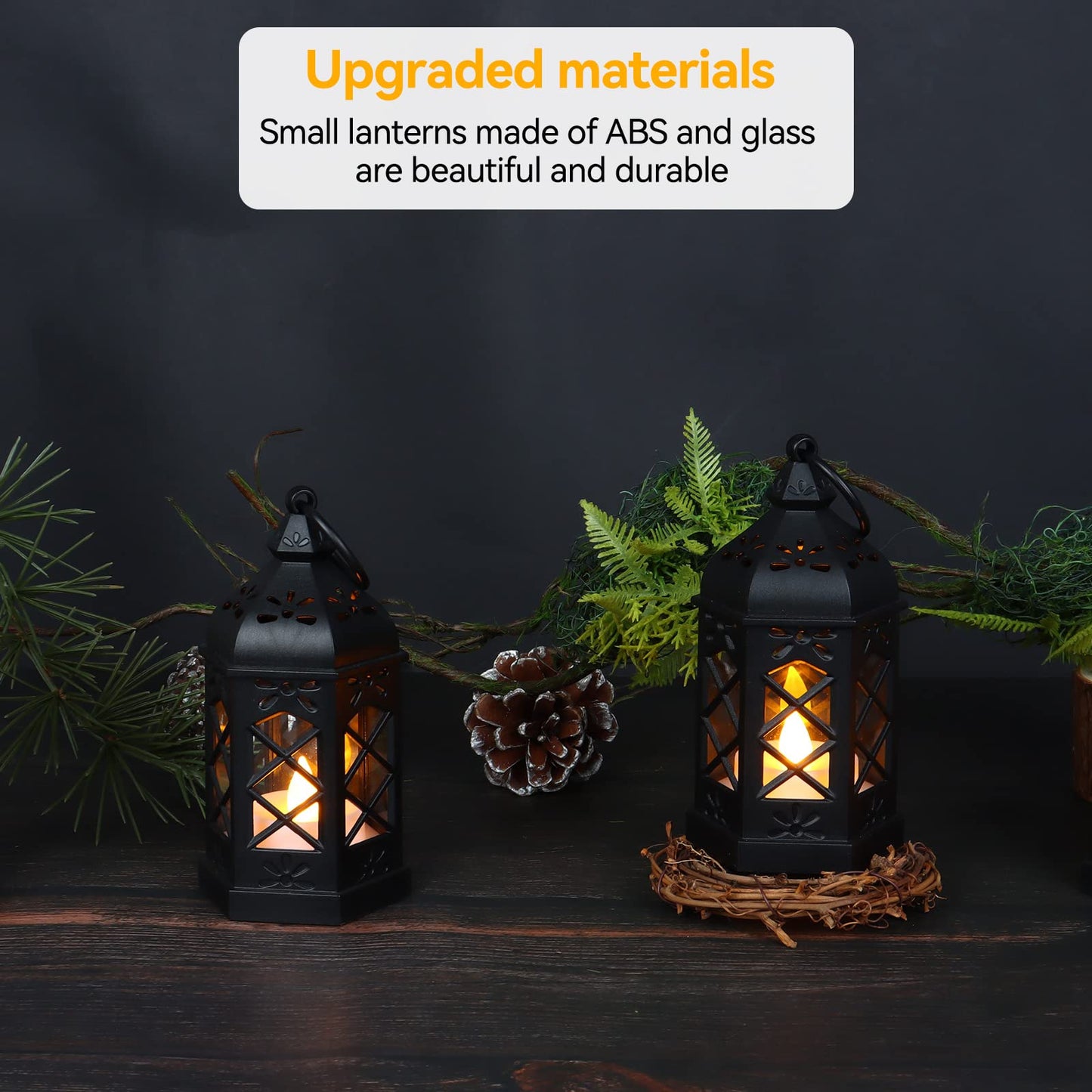 Reperla 12-Pack Mini Lanterns, Small Candle Lanterns Decorative, Black Tea Light Lantern, Ramadan Eid Decor, Table Centerpiece for Wedding Halloween Christmas, Easter Decorations, Battery Included
