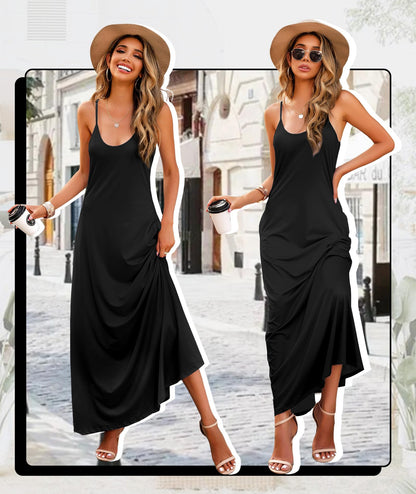 Wolddress Womens 2025 Casual Sleeveless Sundress Plus Size Loose Plain Long Summer Beach Maxi Dress with Pockets Black 2X