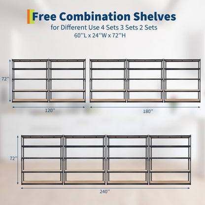 5-Tier Storage Shelving, Adjustable Garage Shelves, Meta Storage Shelving Unit with 3000 LBS Capacity, Steel Wire Rack Shelf Organizer for Garage, Kitchen Pantry Basement, 60 x 24 x 72 inch, Black