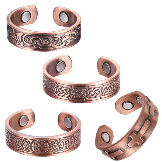Fashtour 4 Copper Rings for Men, 99.9% Pure Copper Magnetic Rings, Vintage & Cross Pattern Adjustable Cuff Ring