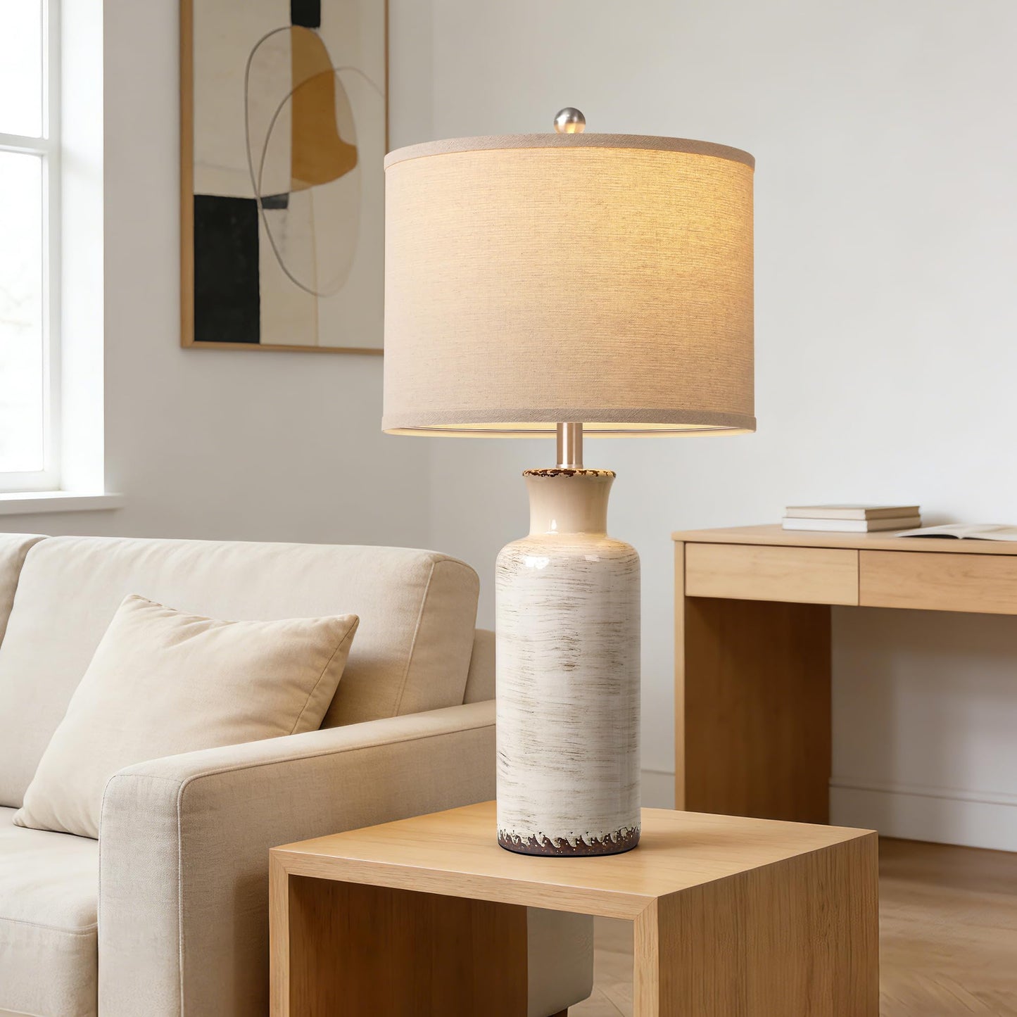 QiMH 25" Modern Lamps for Living Room, Unique Flowing Glazes Ceramic Table Lamp Set of 2 with Linen Lampshade, Beige Rustic Farmhouse Beside Lamps for Bedroom Nightstand Home Decor(Bulb Included)