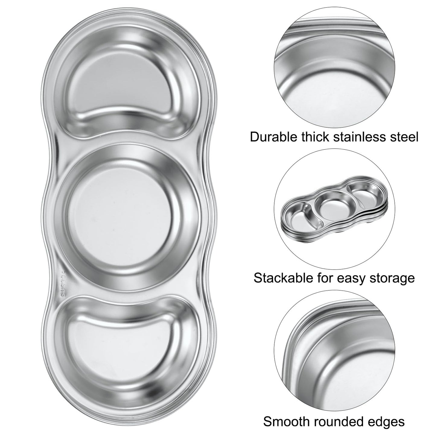 uxcell 6 Pack Stainless Steel Dish Dipping Bowls with 3 Round Compartment Divided, Metal Seasoning Plate Dipping Bowl for Condiment Home Party Restaurant Picnic Travel, Silver