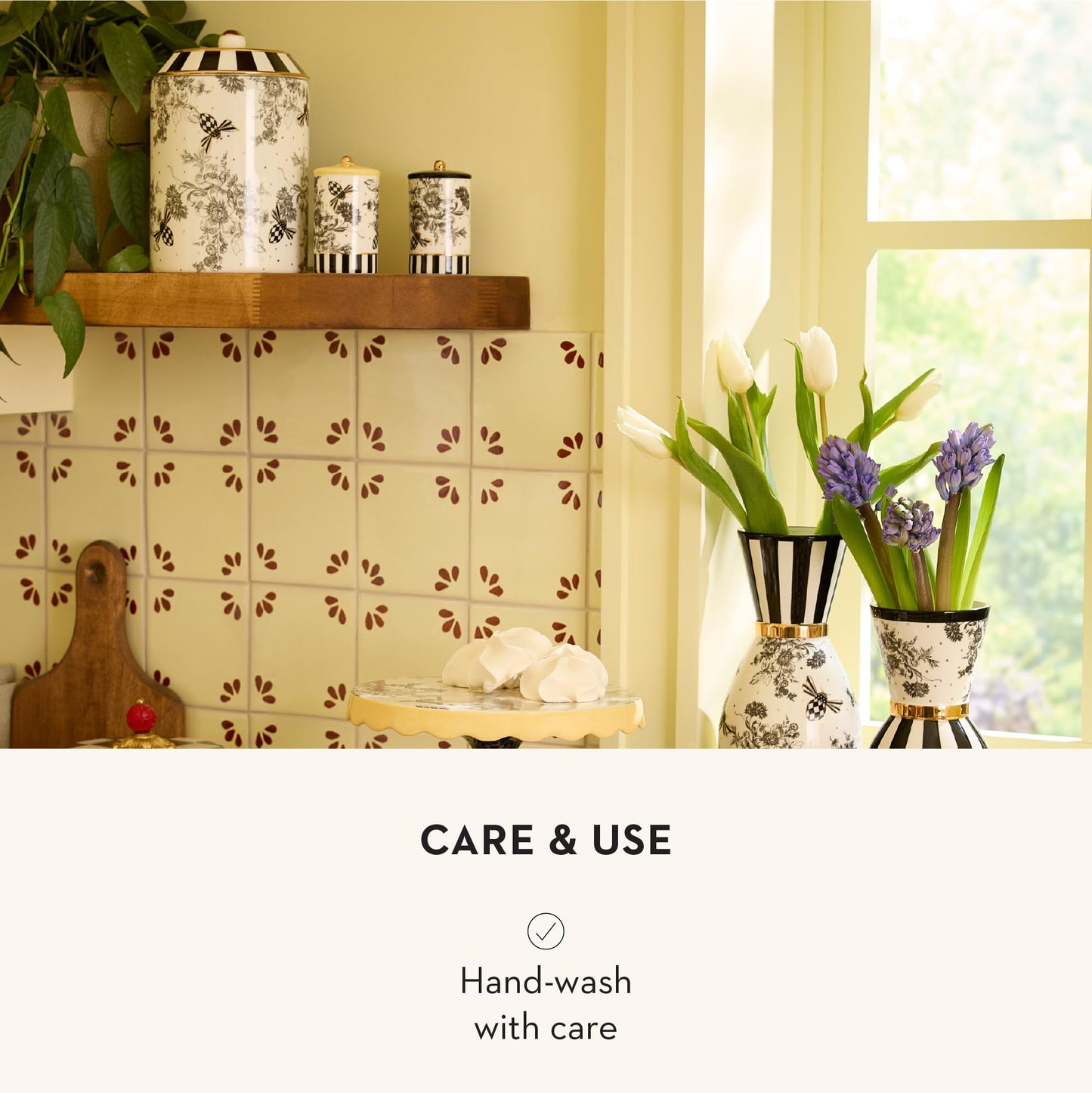 MACKENZIE-CHILDS Porcelain Salt and Pepper Shaker Set, Ceramic Salt and Pepper Holders, Bee Toile
